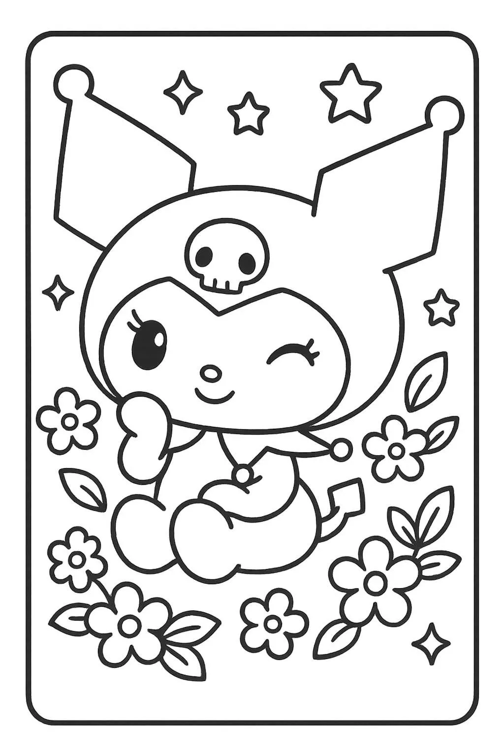 Desenho de Kuromi Sorridente entre Flores para Colorir