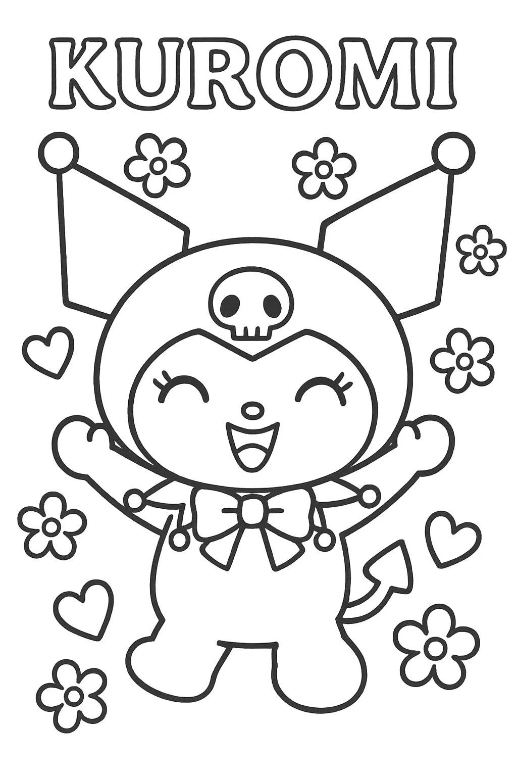 Desenho de Kuromi Feliz com Flores para Colorir