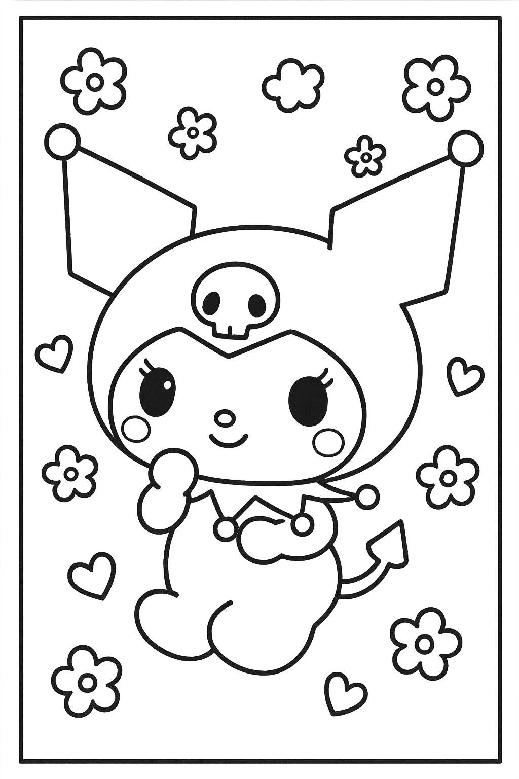 Desenho de Kuromi com Flores para Colorir