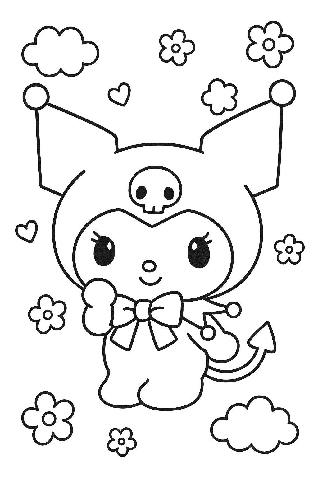Desenho de Kuromi Fofa com Flores para Colorir