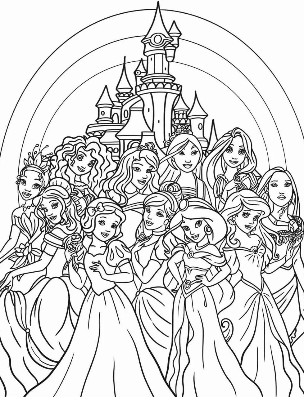 Desenho das Princesas da Disney para Colorir com Castelo e Arco Íris