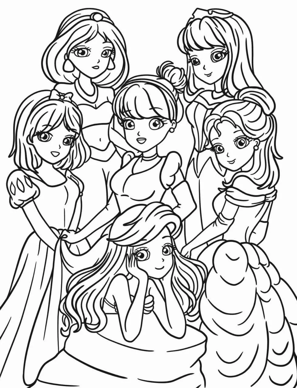 Desenho das Princesas da Disney para Colorir: Elsa, Anna, Branca de Neve, Cinderela, Aurora e Ariel