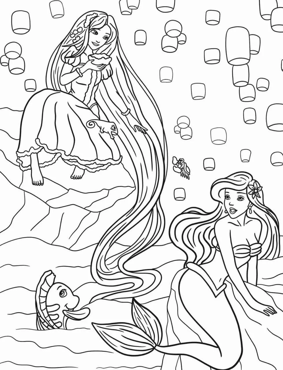 Desenho da Princesa da Disney Rapunzel e Ariel para Colorir