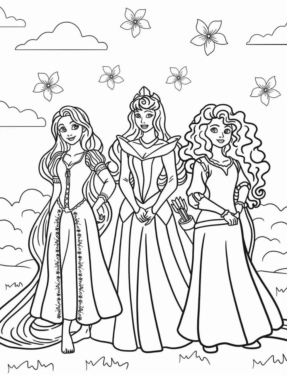 Desenho das Princesas da Disney Rapunzel, Aurora e Merida para Colorir