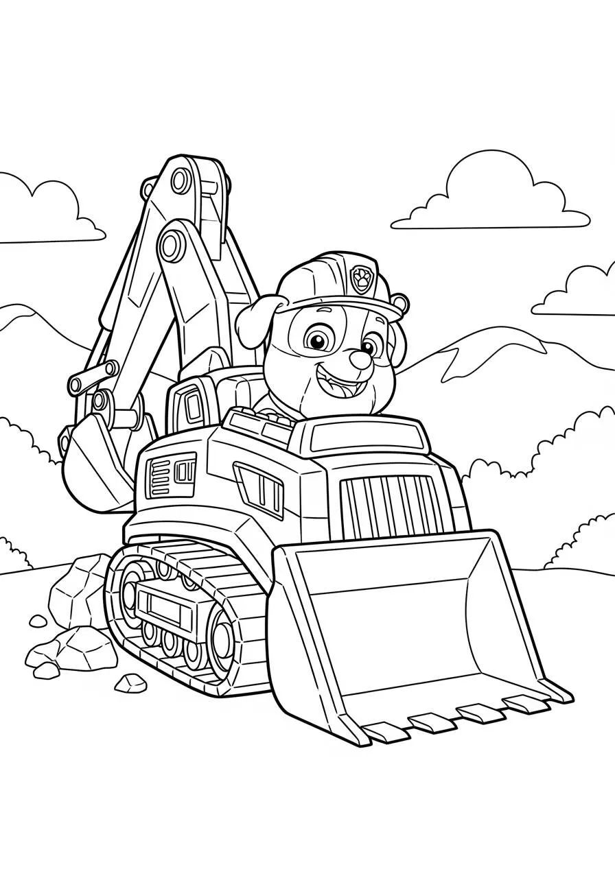 Desenho de Patrulha Canina Rubble na Escavadeira para Colorir