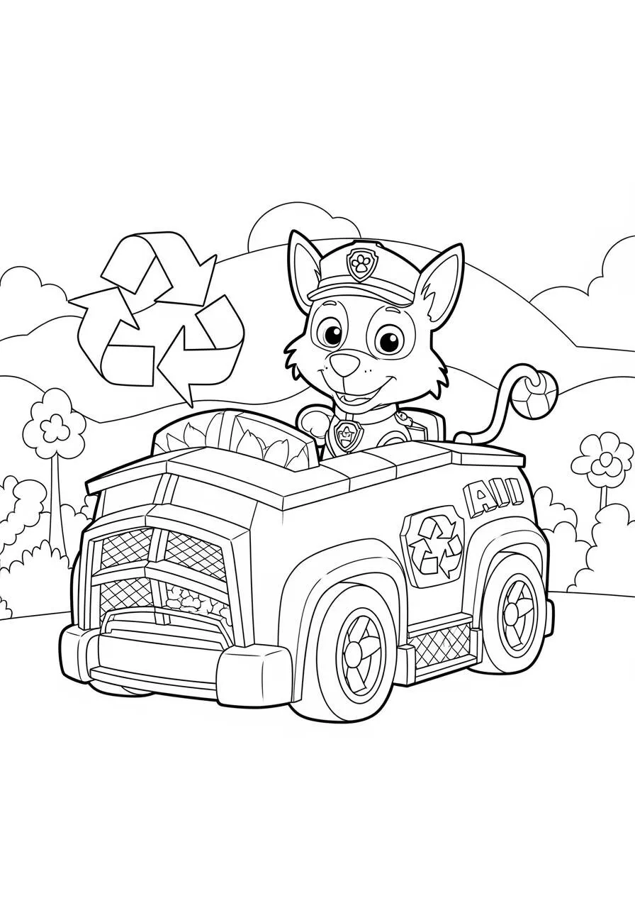 Desenho de Patrulha Canina com Veículo de Reciclagem para Colorir