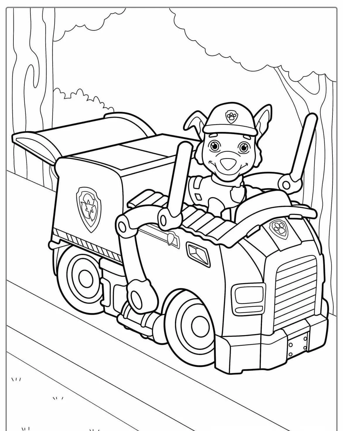 Desenho de Patrulha Canina com Veículo para Colorir