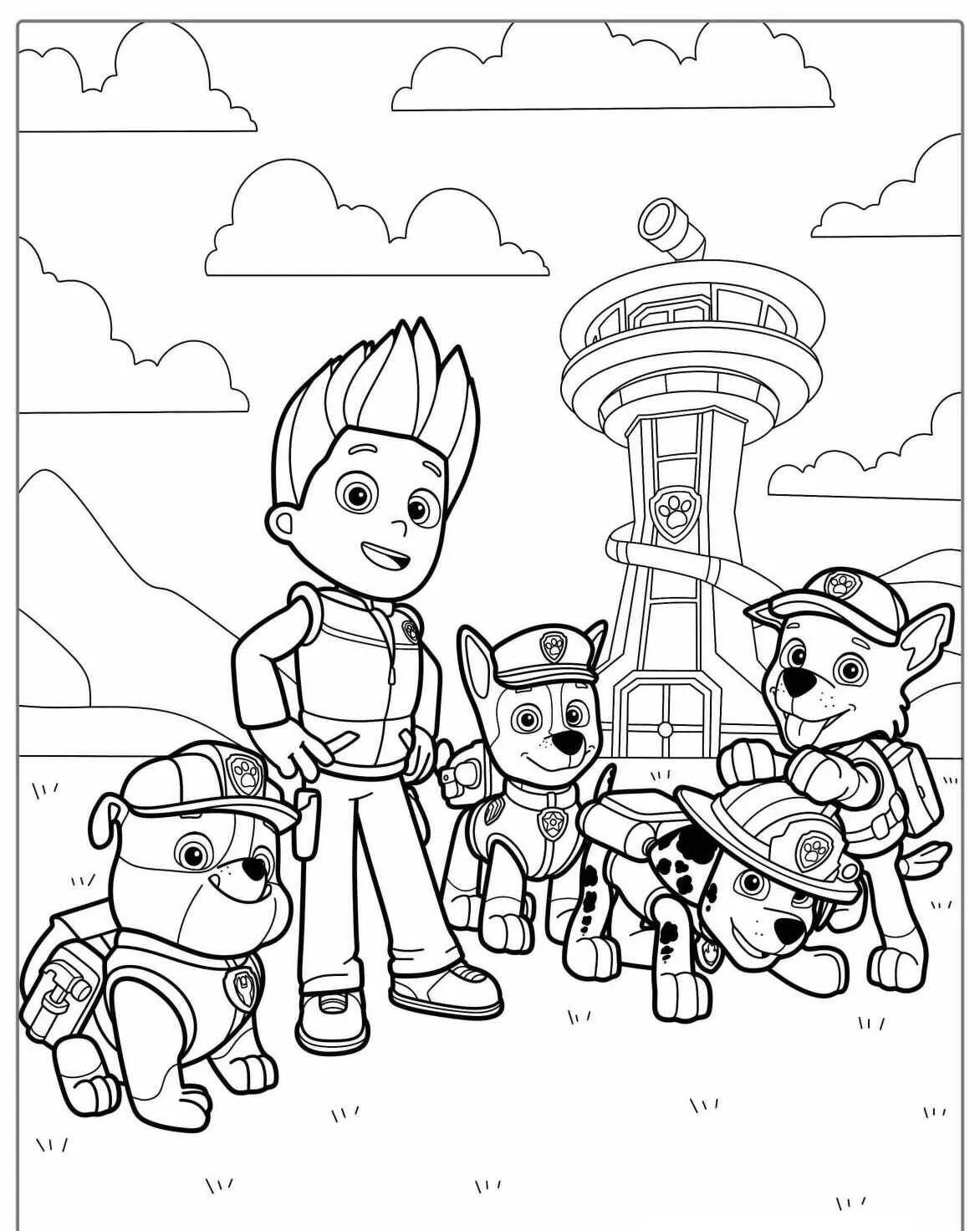 Desenho de Patrulha Canina na Torre de Comando para Colorir