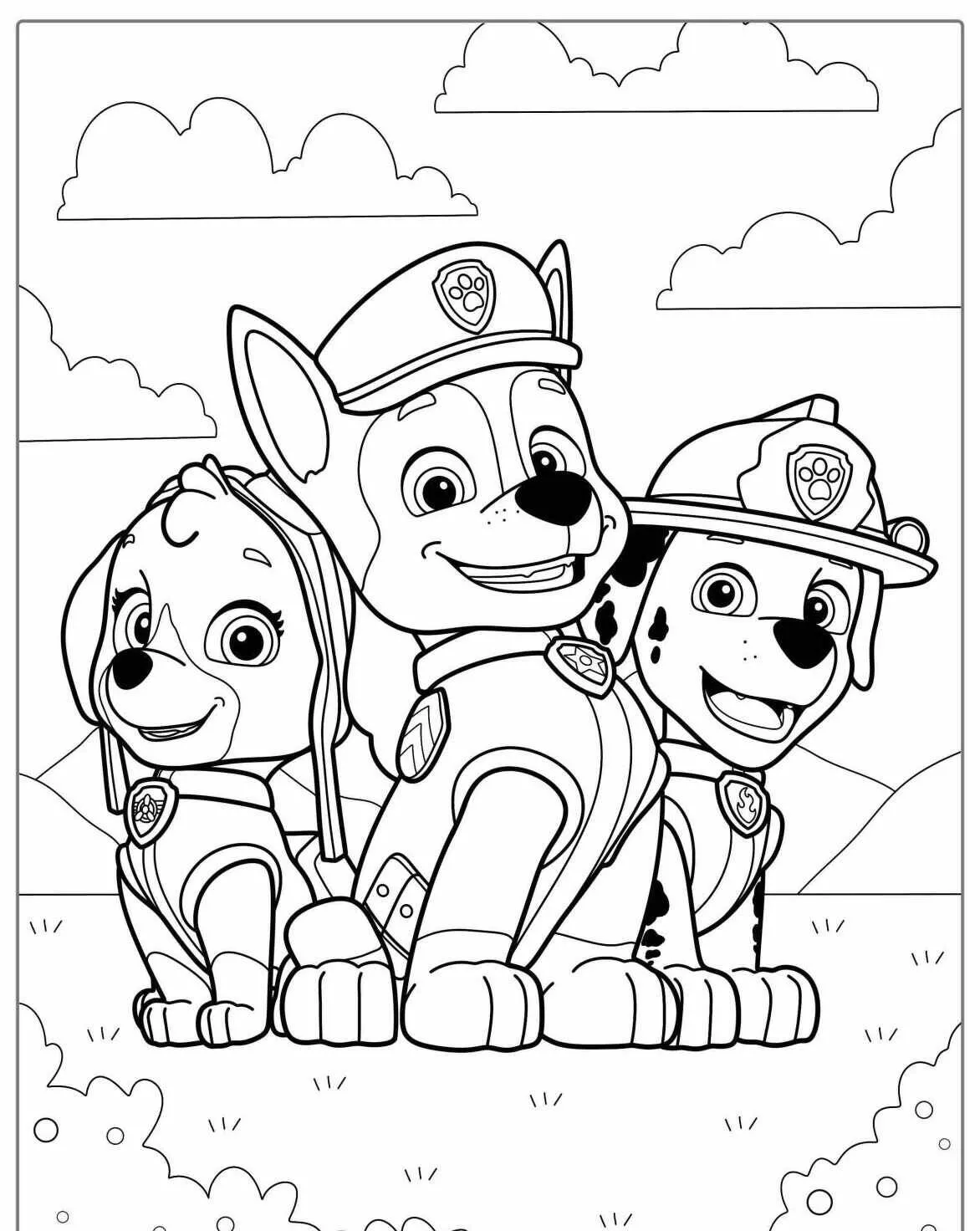 Desenho de Patrulha Canina com Chase, Marshall e Skye para Colorir