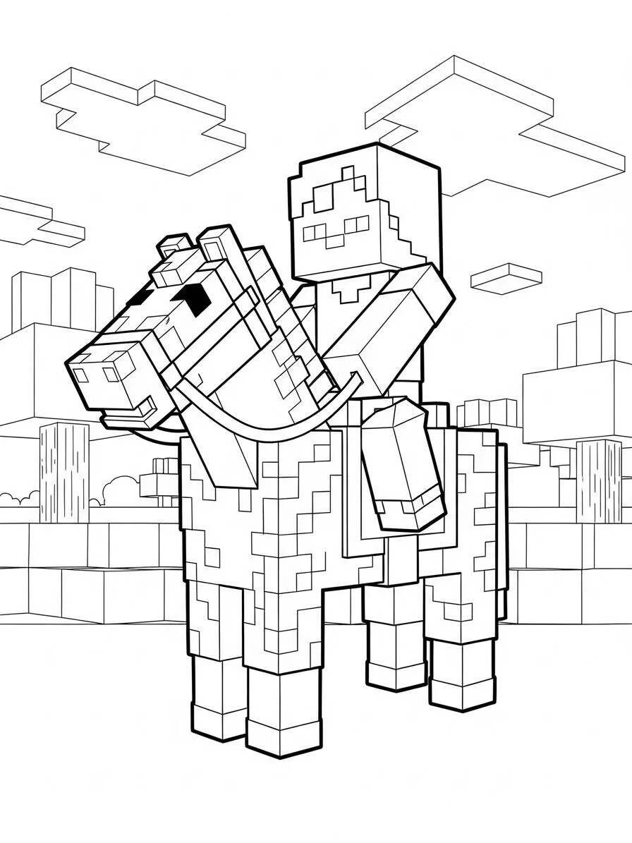 Desenho de Minecraft do Steve a Cavalo na Planície para Colorir