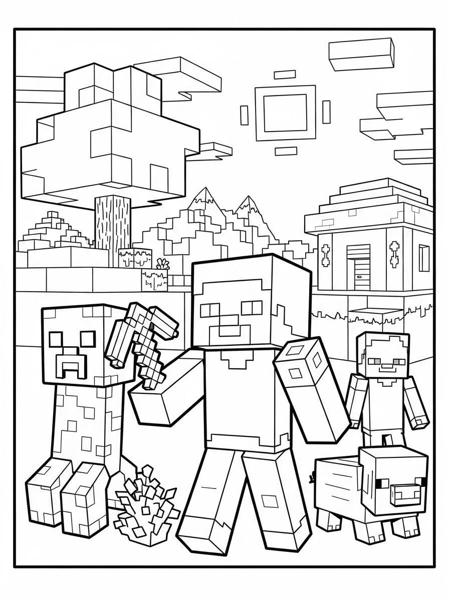Desenho de Minecraft do Steve com Picareta ao Lado do Creeper e do Cachorrinho para Colorir
