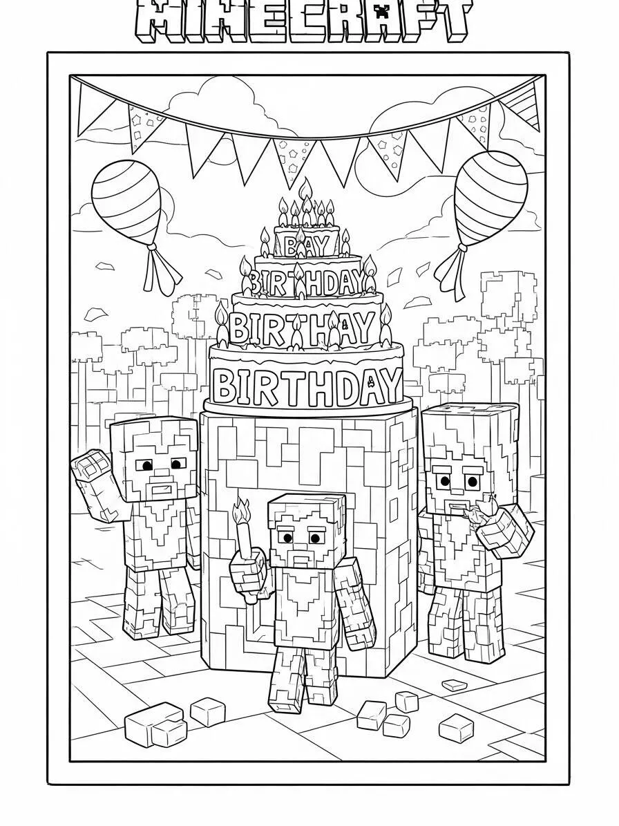 Desenho de Minecraft de Festa de Aniversário com Steve e Alex para Colorir