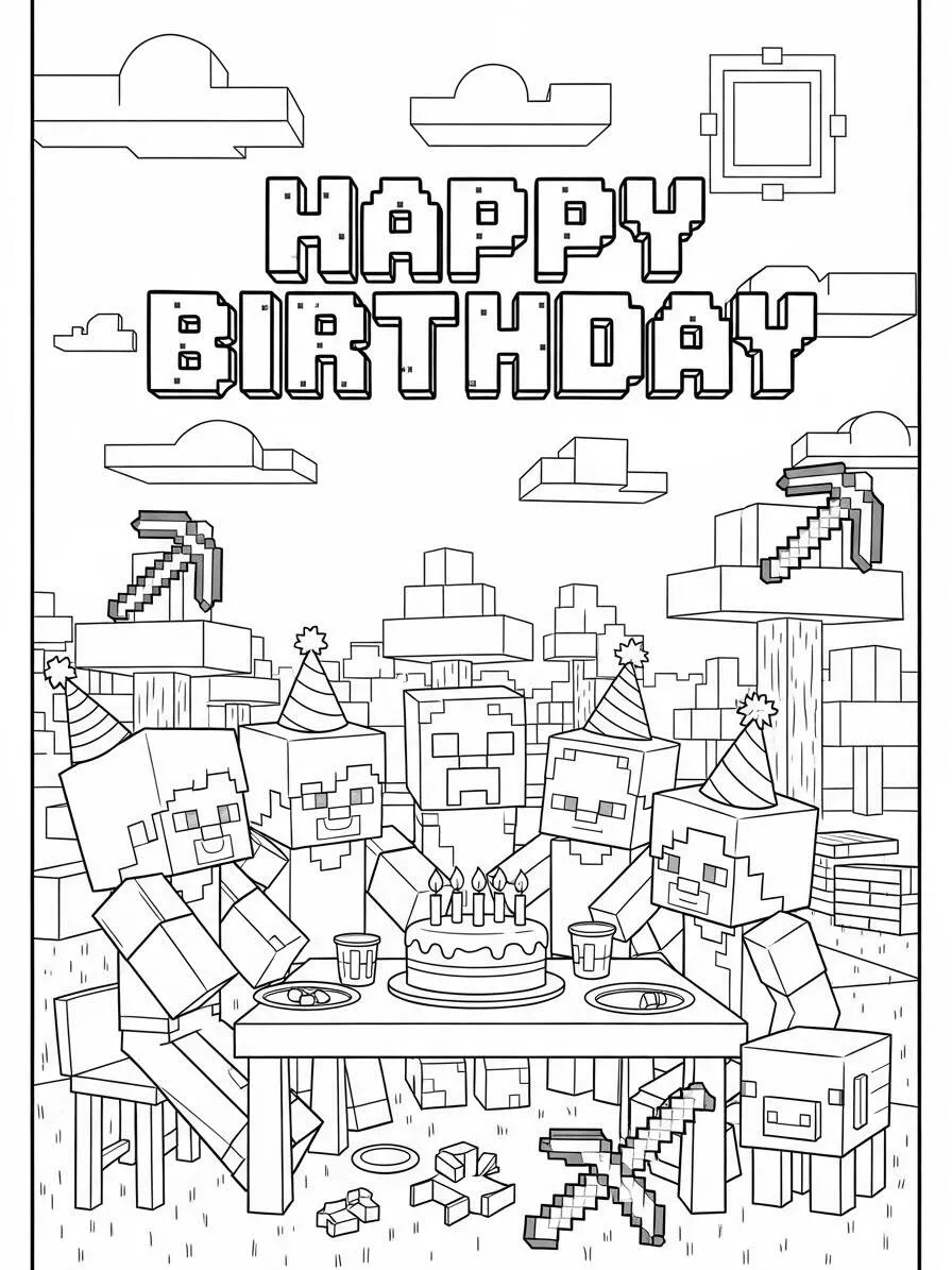 Desenho de Minecraft de Festa de Aniversário com Steve e Amigos para Colorir