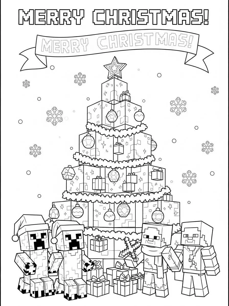 Desenho de Minecraft do Creeper e Steve com Árvore de Natal para Colorir