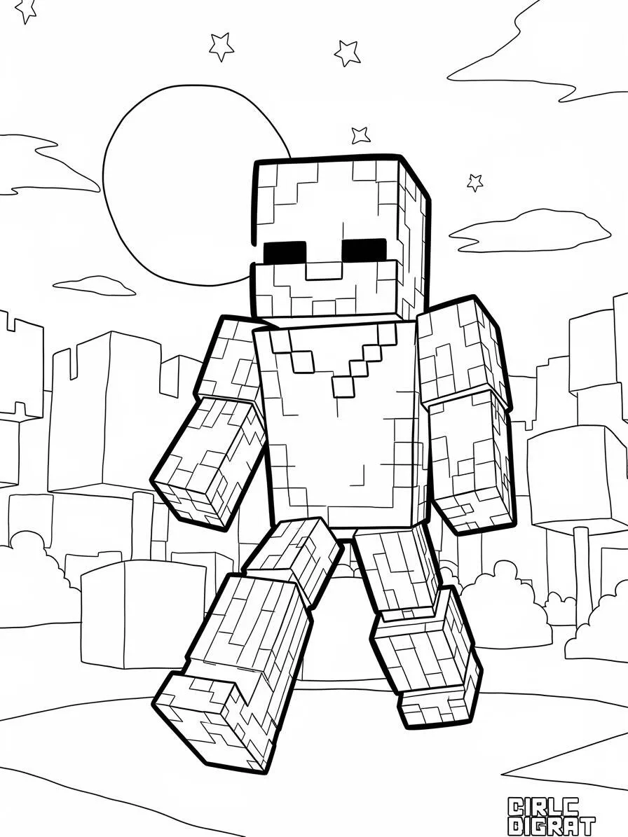 Desenho de Minecraft do Golem de Pedra Caminhando na Cidade para Colorir