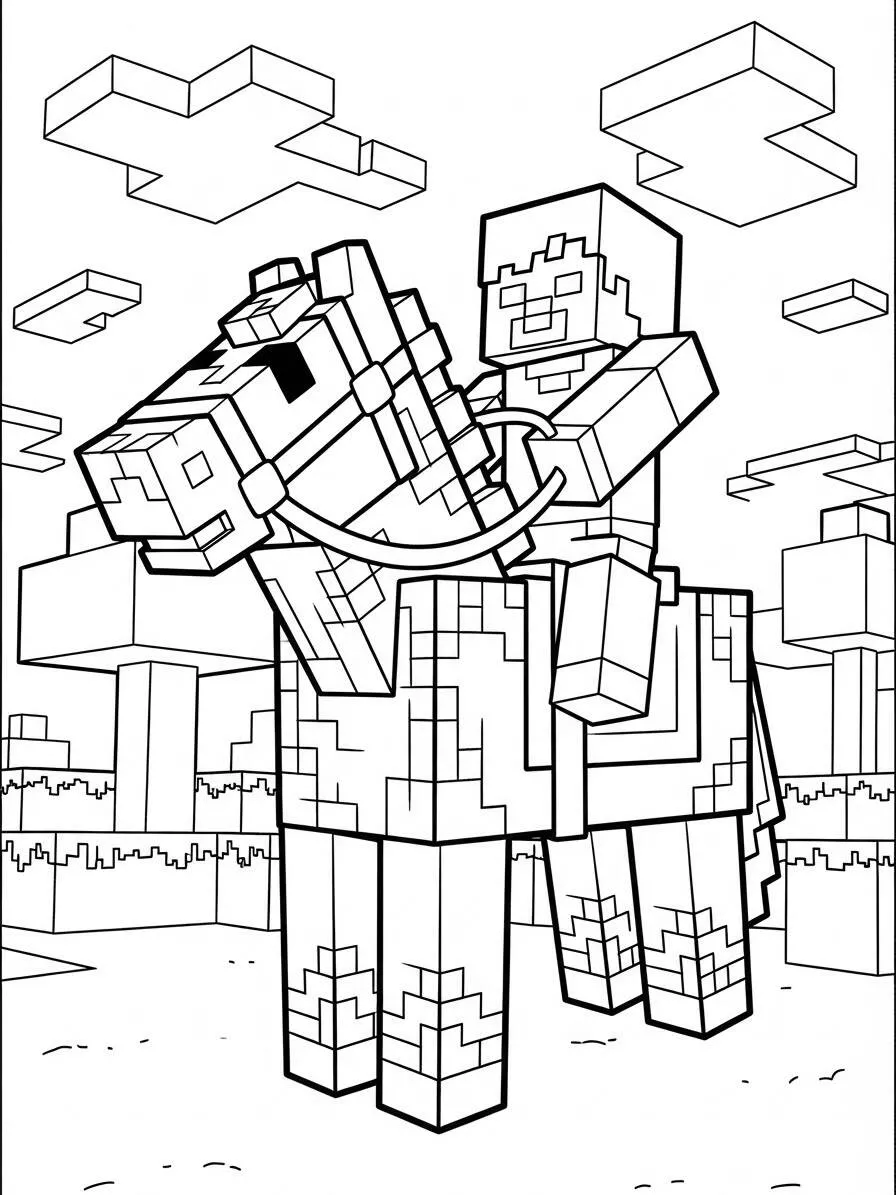 Desenho de Minecraft do Steve Montado em um Cavalo para Colorir