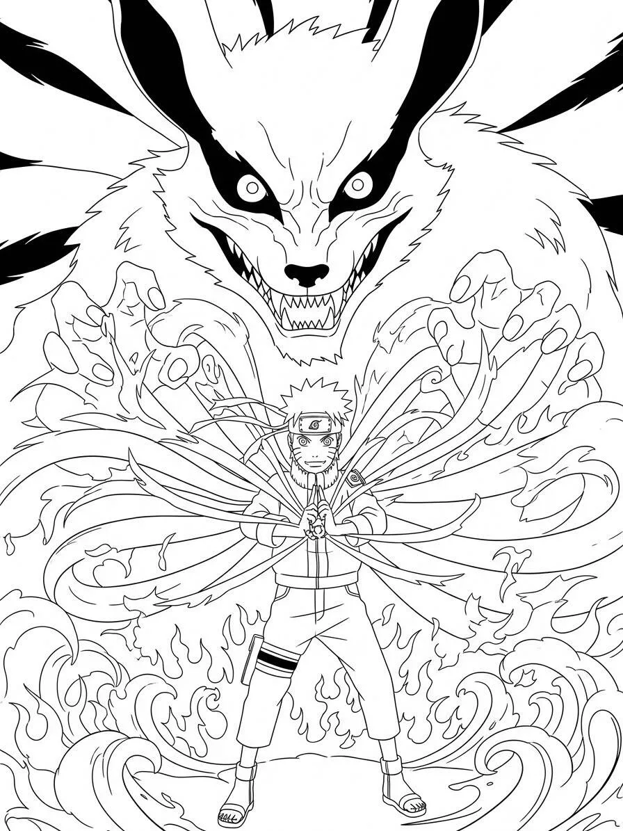 Desenho de Naruto e Kurama para Colorir