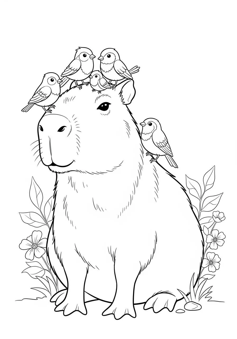Dibujo de Carpincho con pájaros en la cabeza para colorear