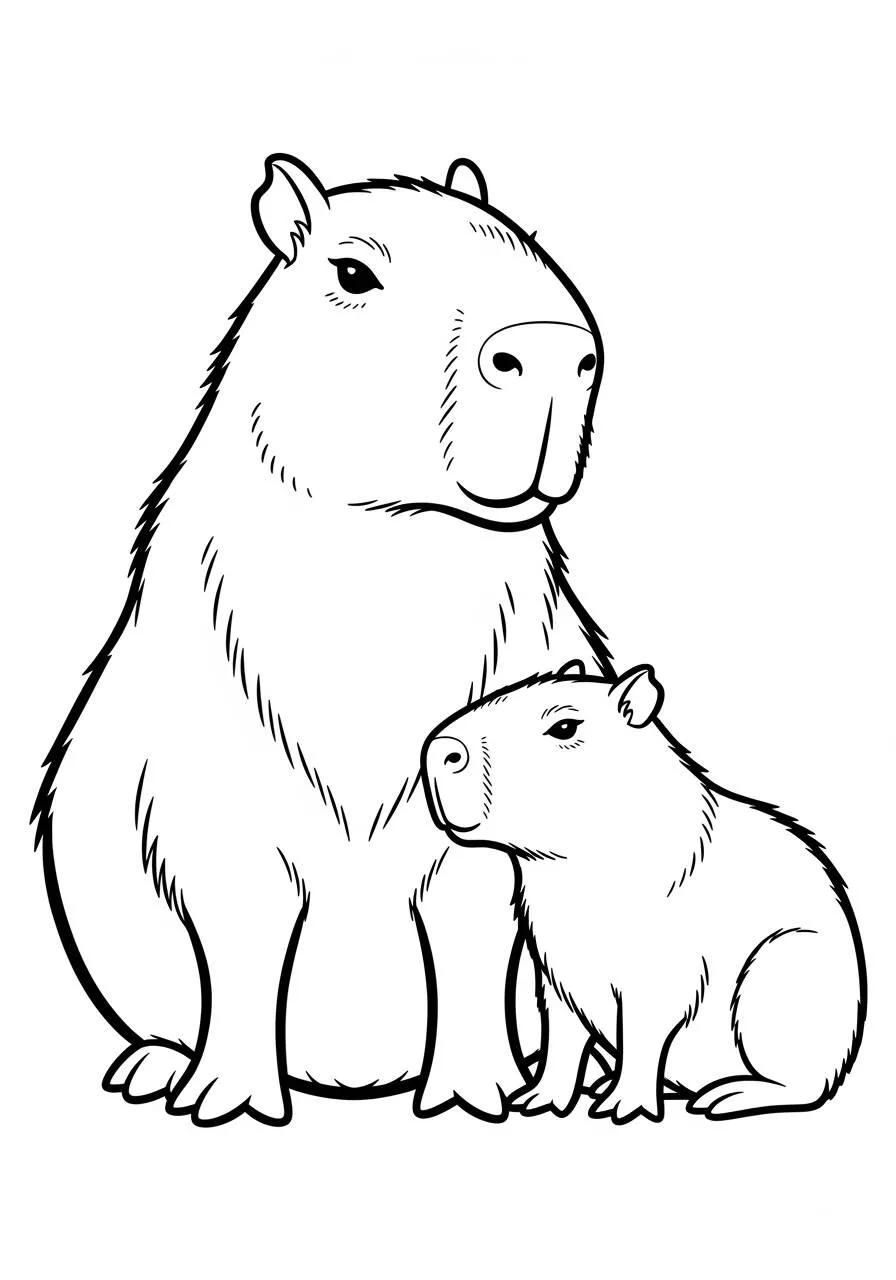 Desenho de Capivara Mãe com Filhote para Colorir