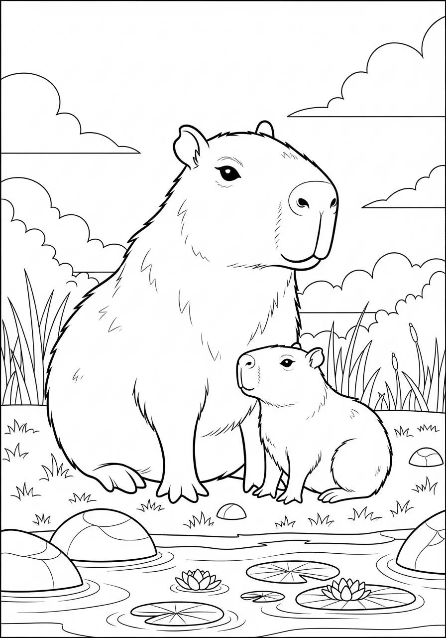Desenho de Capivara Mãe e Filhote para Colorir