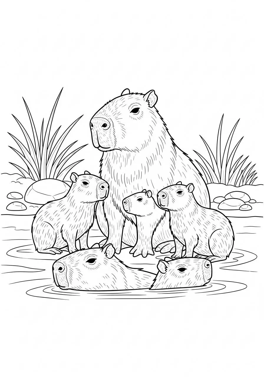Desenho de Capivara com Filhotes na Água para Colorir