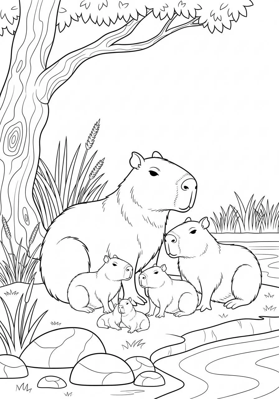Desenho de Capivara com Filhotes na Beira do Rio para Colorir