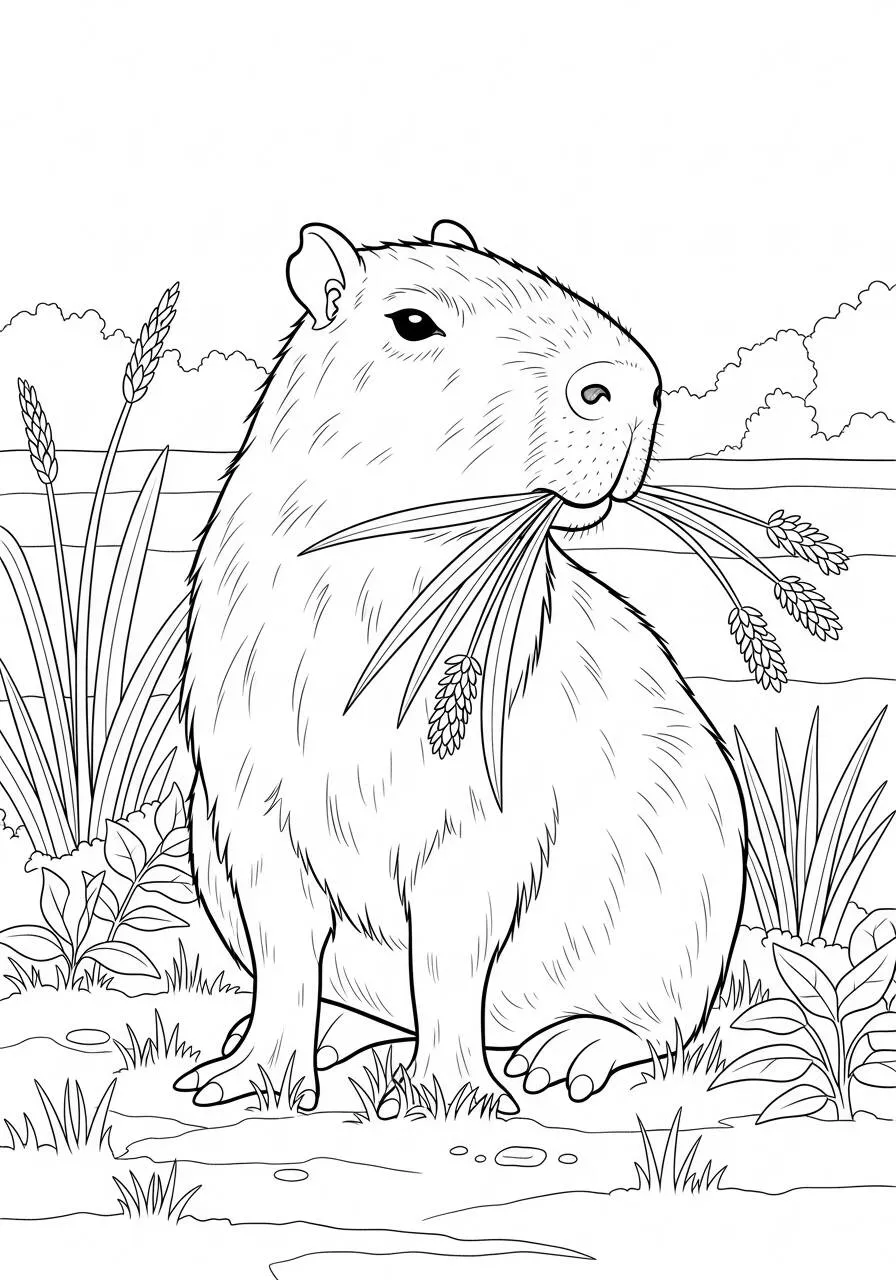 Desenho de Capivara com Ervas para Colorir