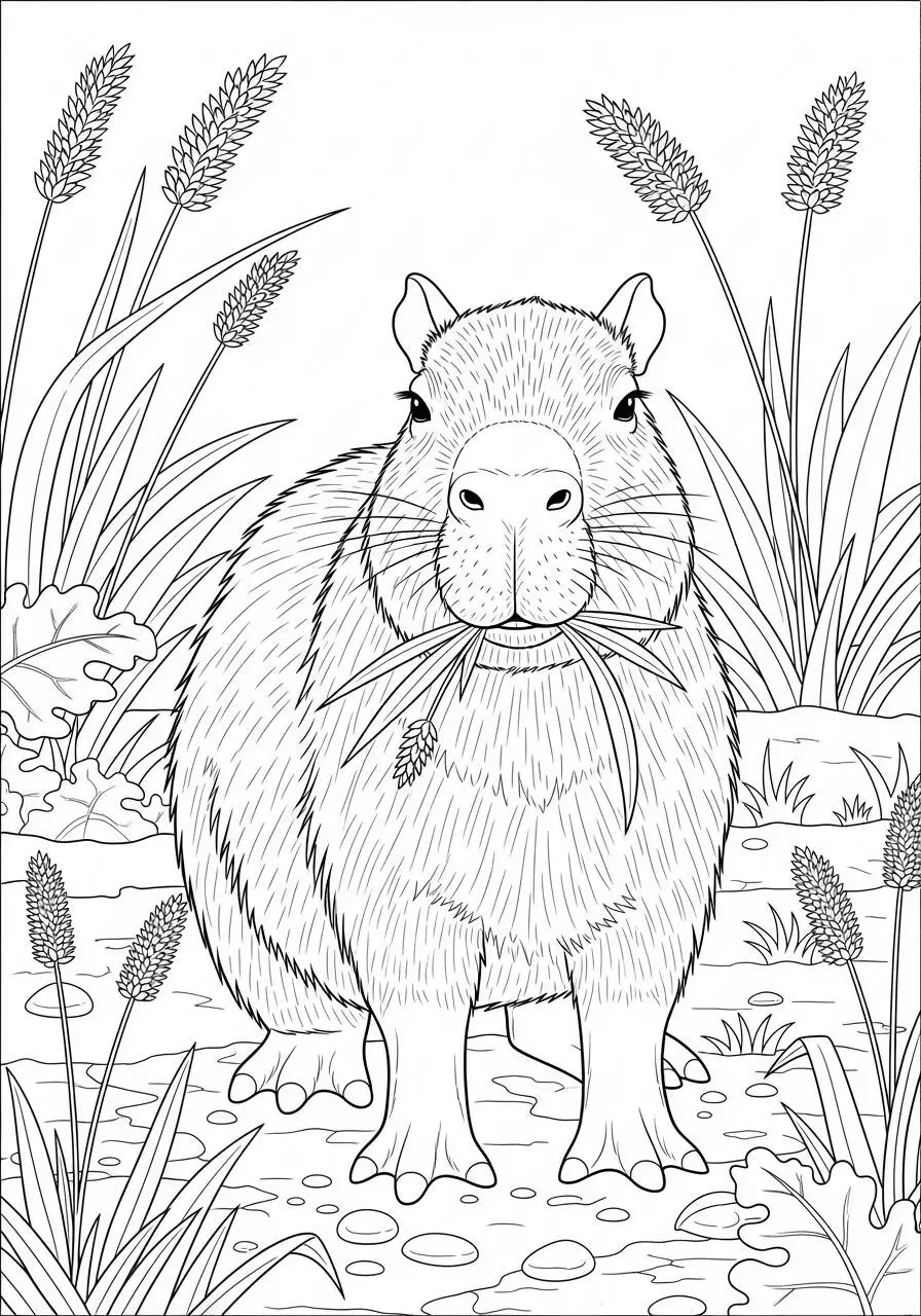 Desenho de Capivara com Erva para Colorir