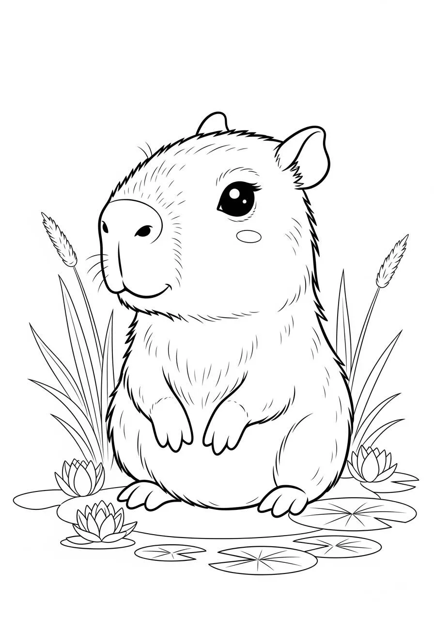 Desenho de Capivara Fofa em Meio às Flores para Colorir