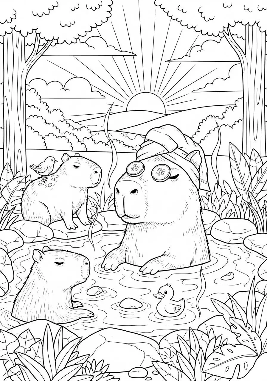 Desenho de Capivara a Relaxar em um Banho de Sol para Colorir