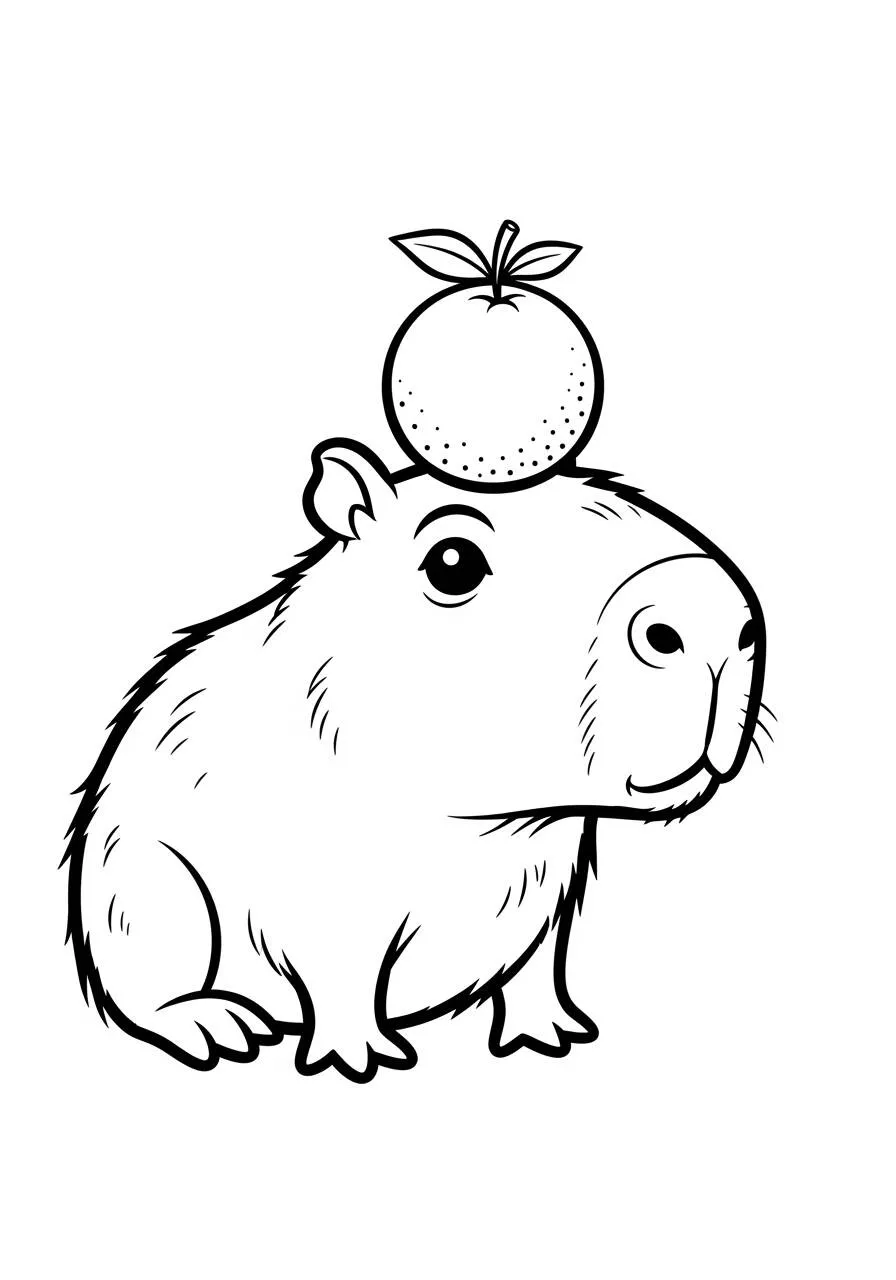 Desenho de Capivara com Laranja na Cabeça para Colorir