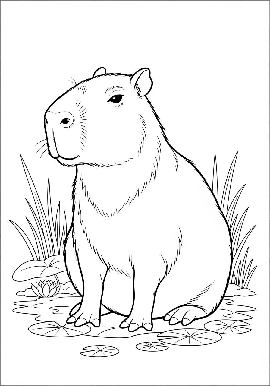Desenho de Capivara Sentada em um Lago para Colorir