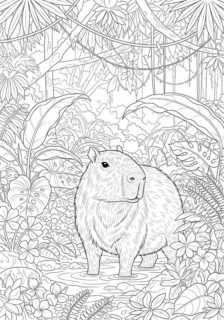 Desenho de Capivara em Meio à Floresta para Colorir