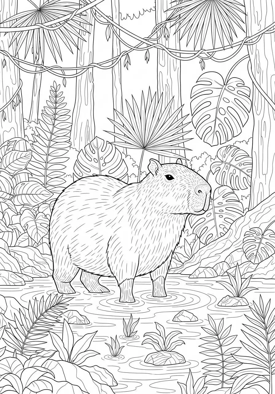 Desenho de Capivara na Floresta para Colorir