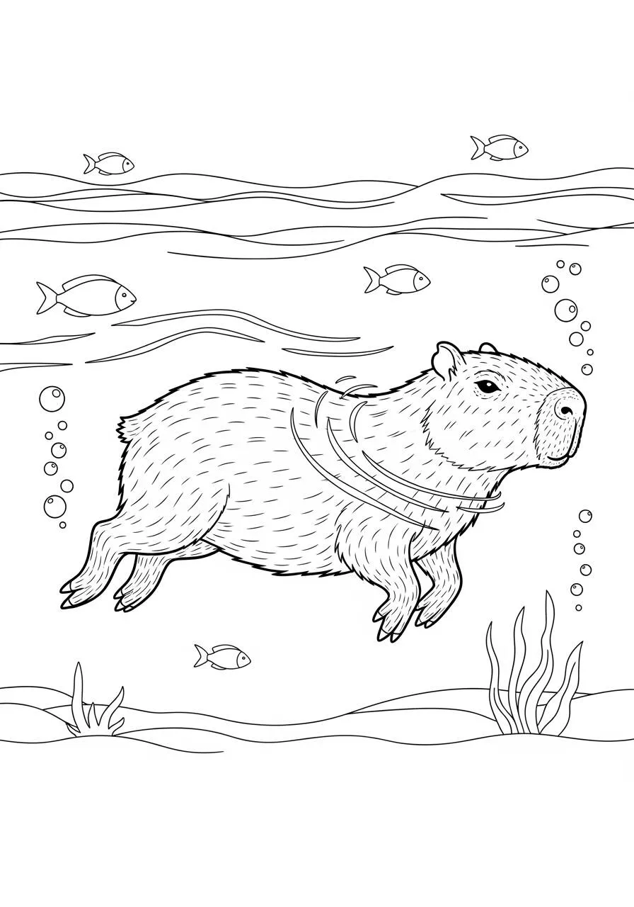 Desenho de Capivara a Nadar com Peixes para Colorir