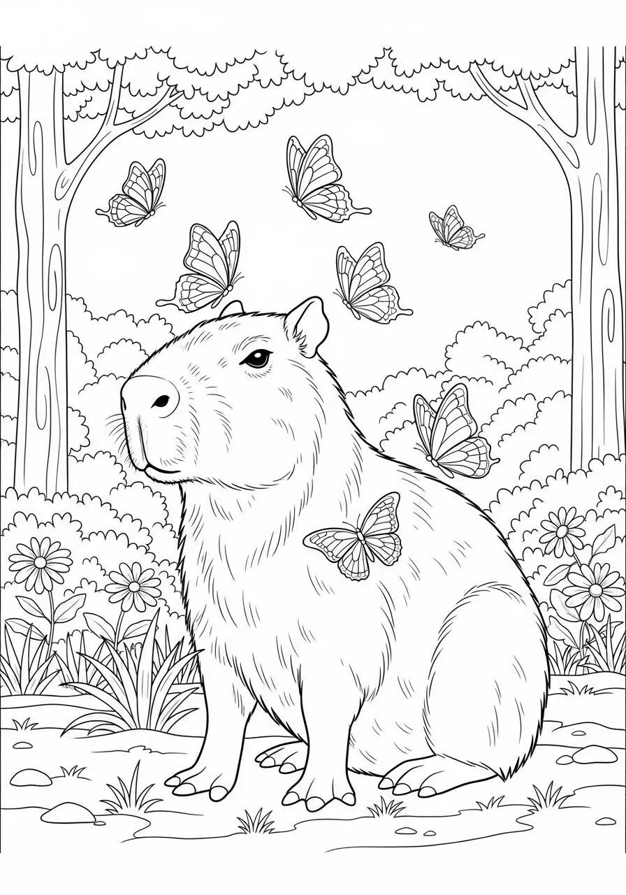 Desenho de Capivara com Borboletas para Colorir