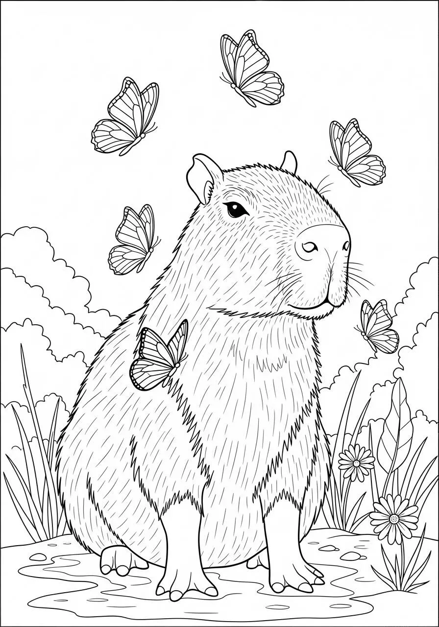 Desenho de Capivara com Borboletas para Colorir
