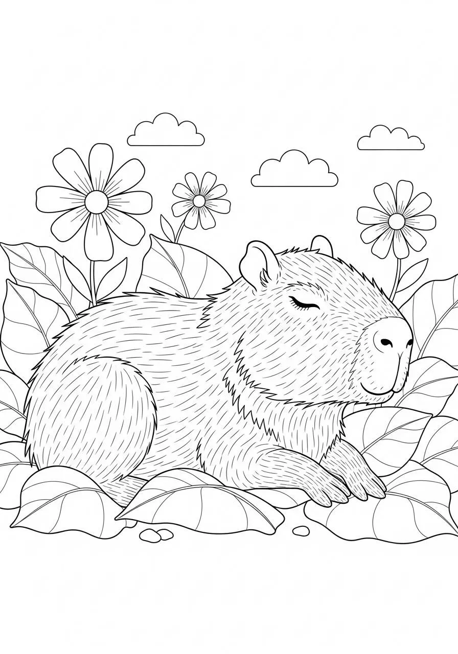 Desenho de Capivara a Dormir entre Flores para Colorir