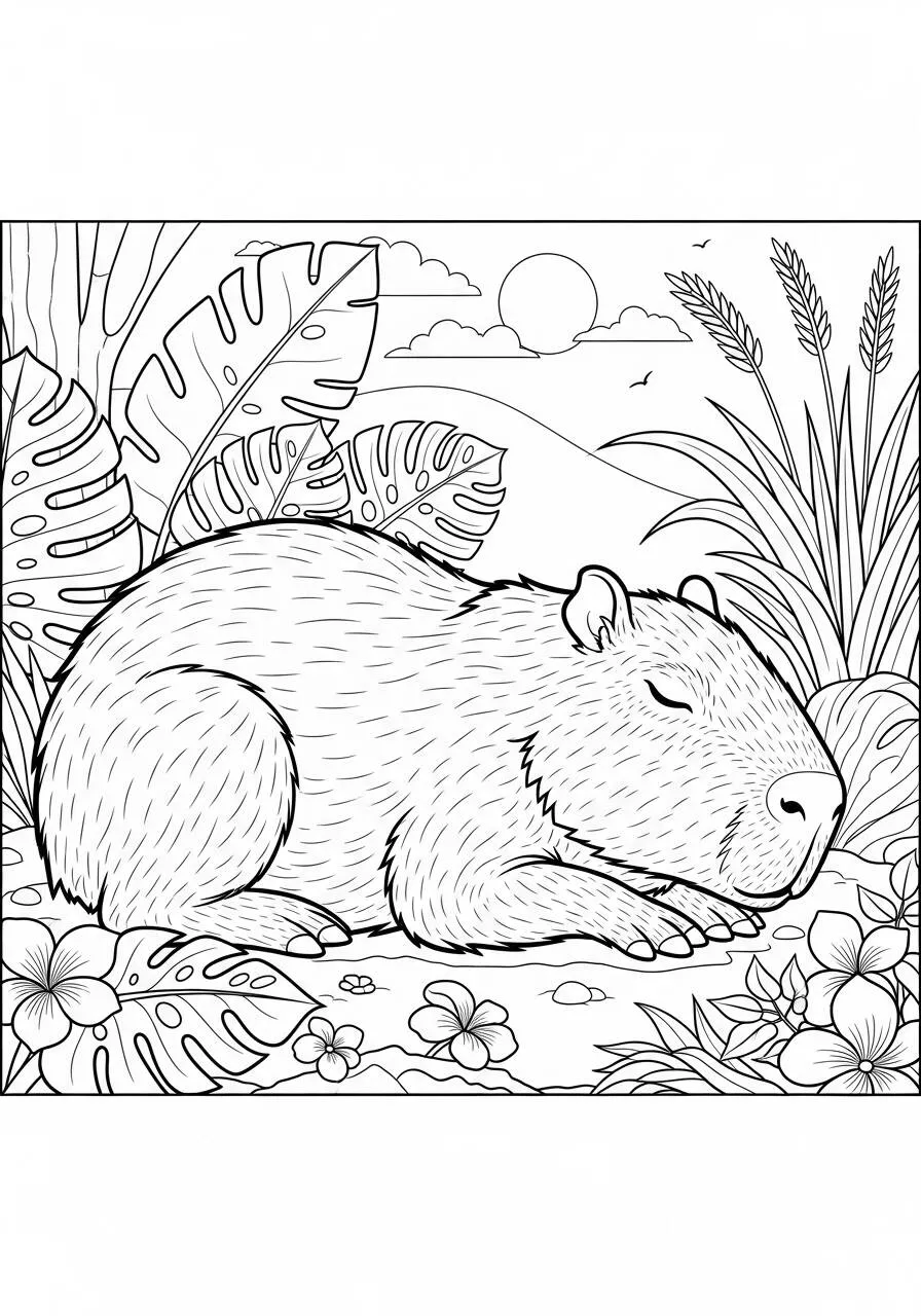 Desenho de Capivara a Dormir em um Jardim Tropical para Colorir