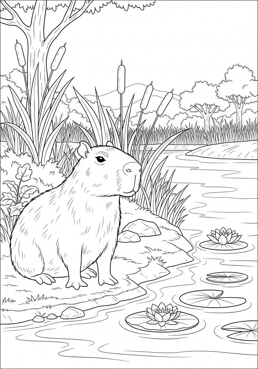 Desenho de Capivara na Beira do Lago para Colorir