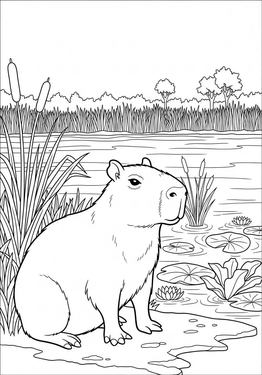 Desenho de Capivara Sentada à Beira do Lago para Colorir