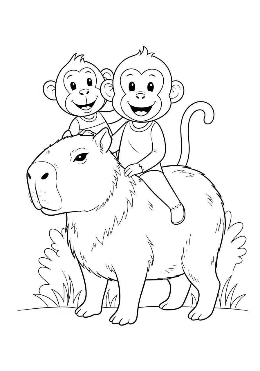 Desenho de Capivara com Macacos para Colorir