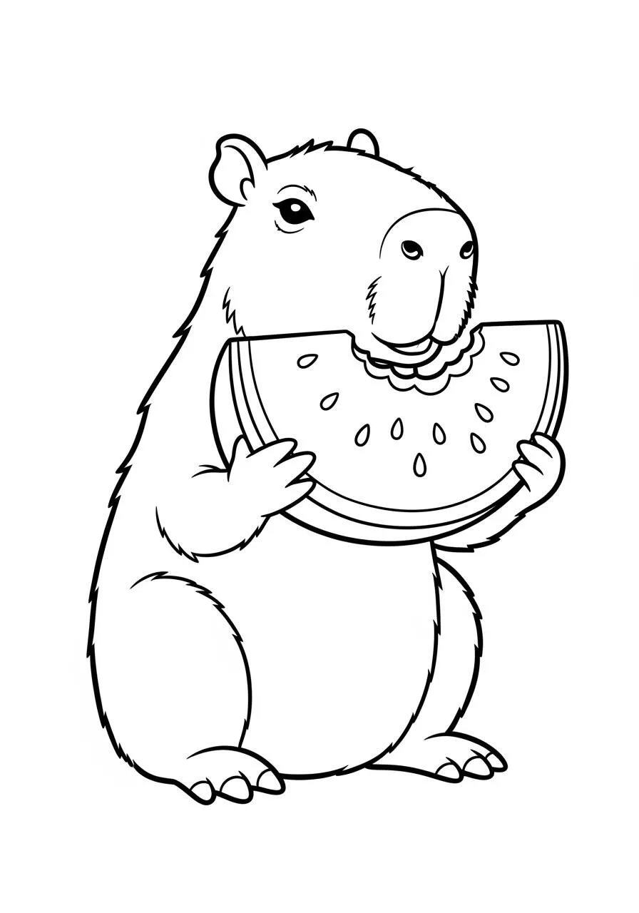 Desenho de Capivara a Comer Melancia para Colorir