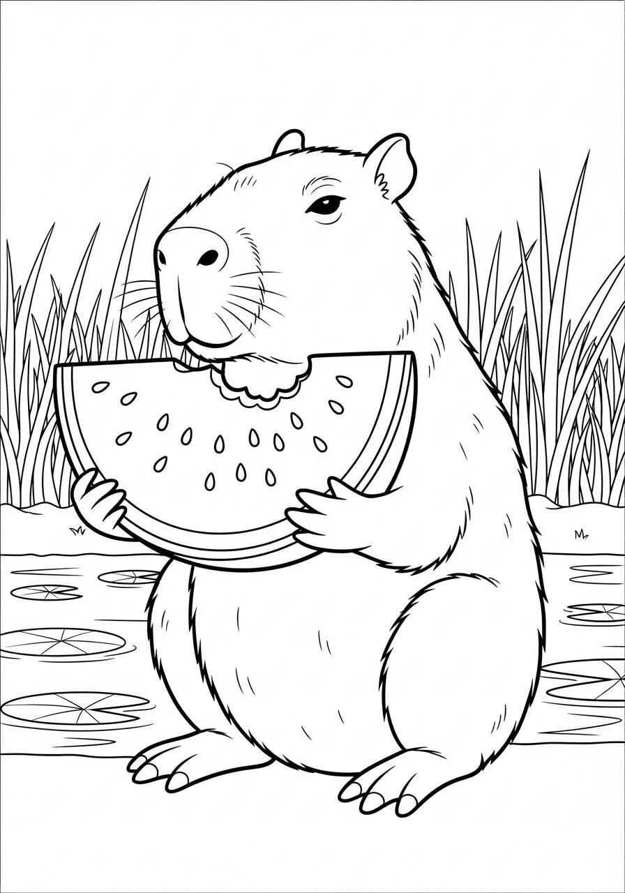 Desenho de Capivara a Comer Melancia para Colorir