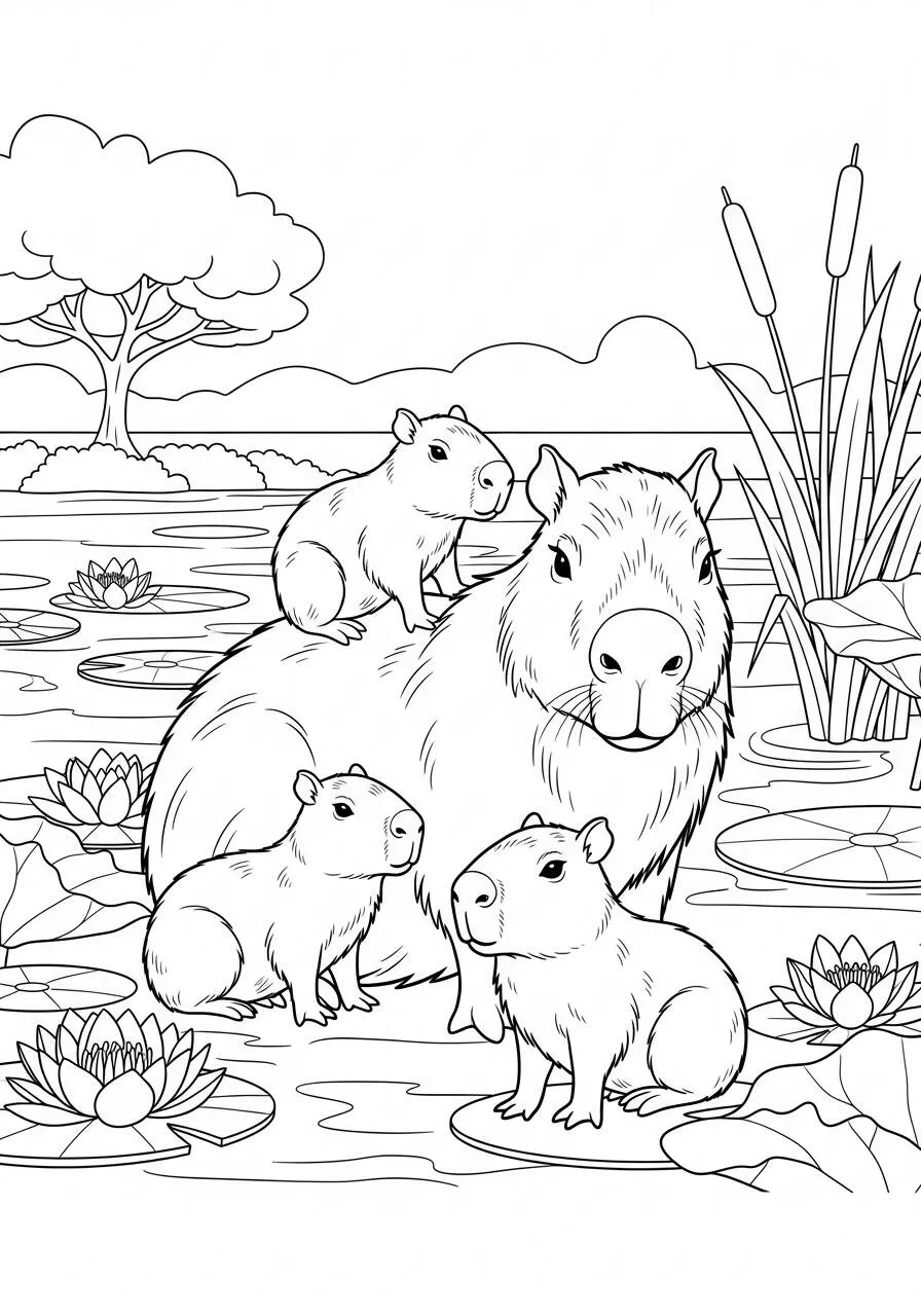 Desenho de Capivara com Filhotes em um Lago para Colorir