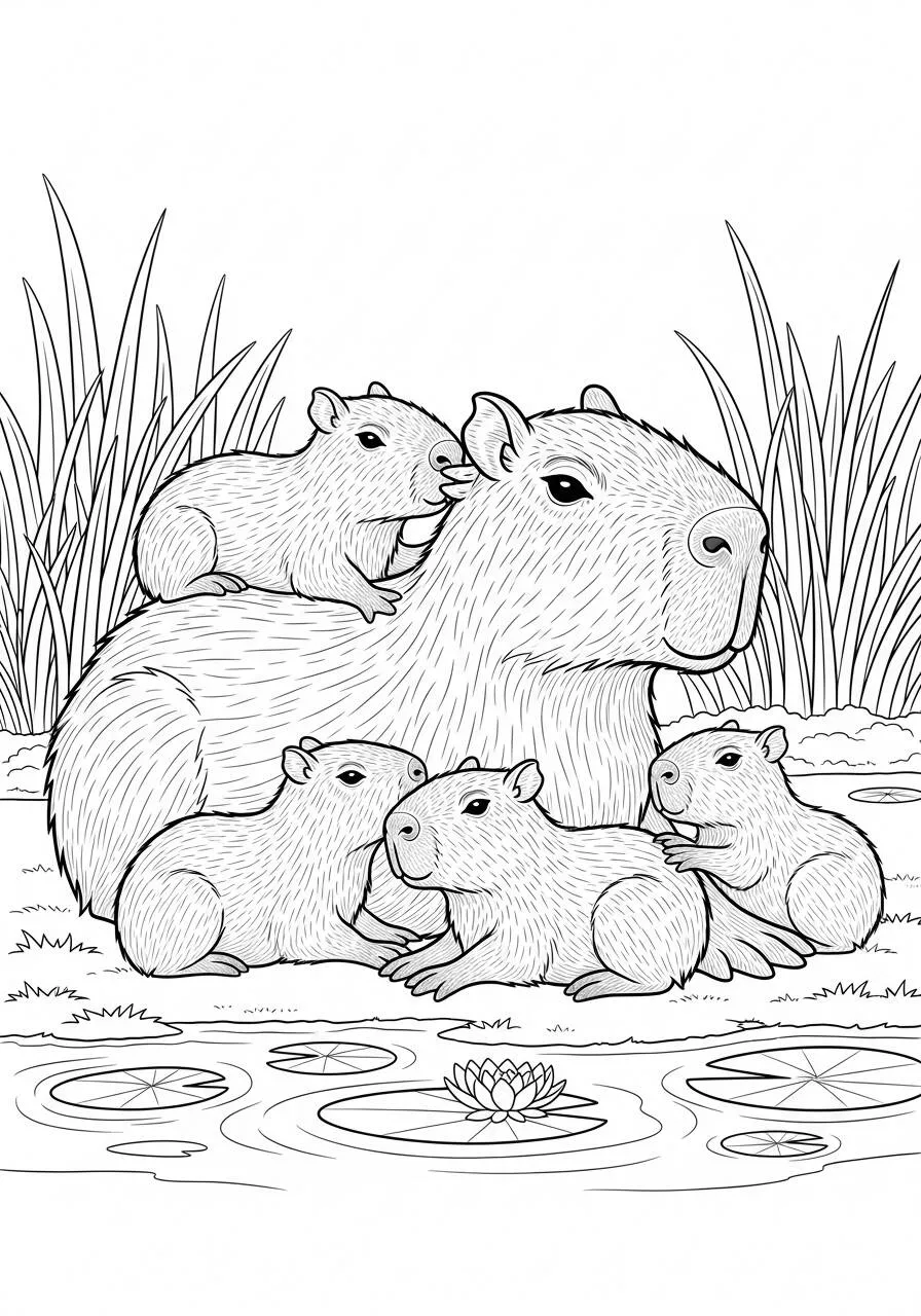 Carpincho con pollitos en el agua para colorear