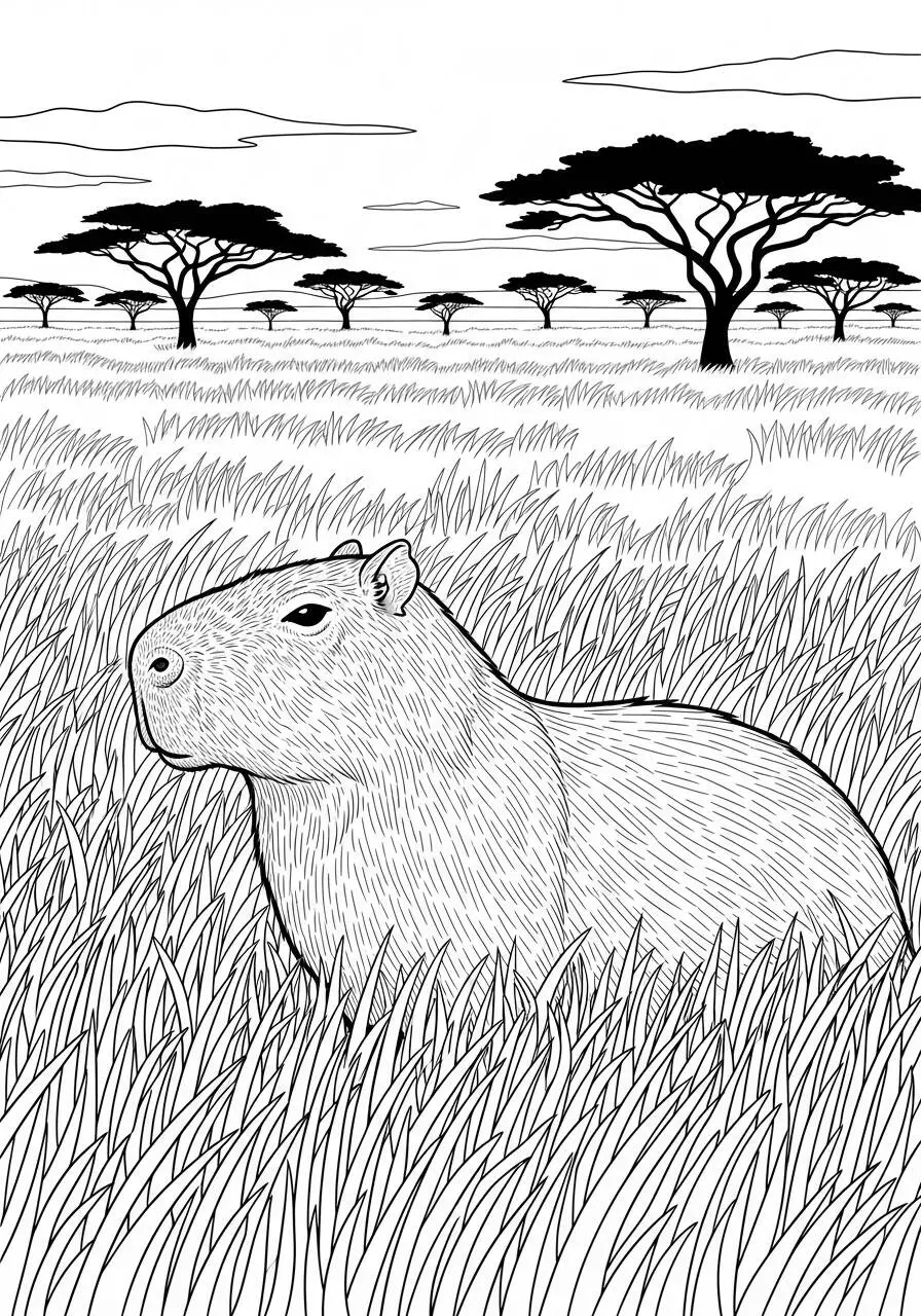 Desenho de Capivara na Grama para Colorir