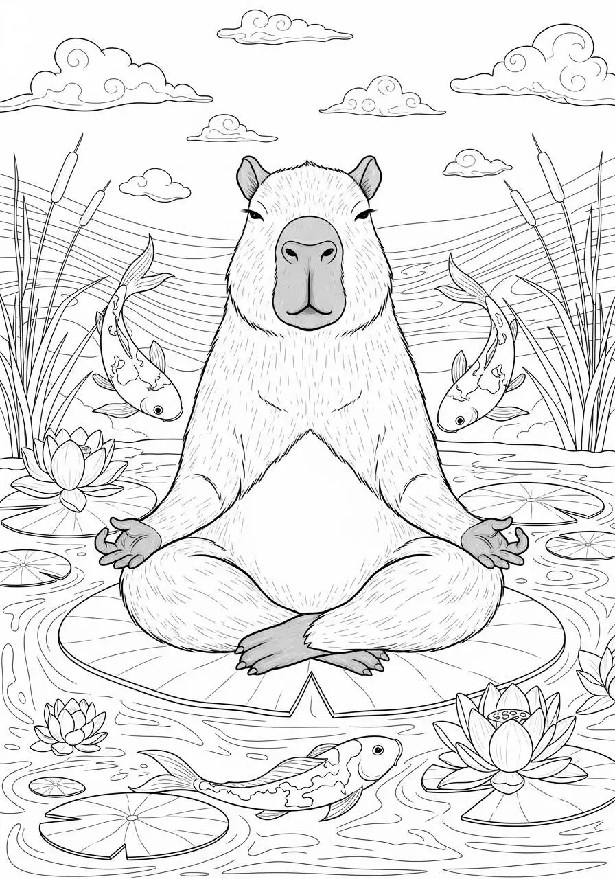 Desenho de Capivara Meditando em um Lago para Colorir