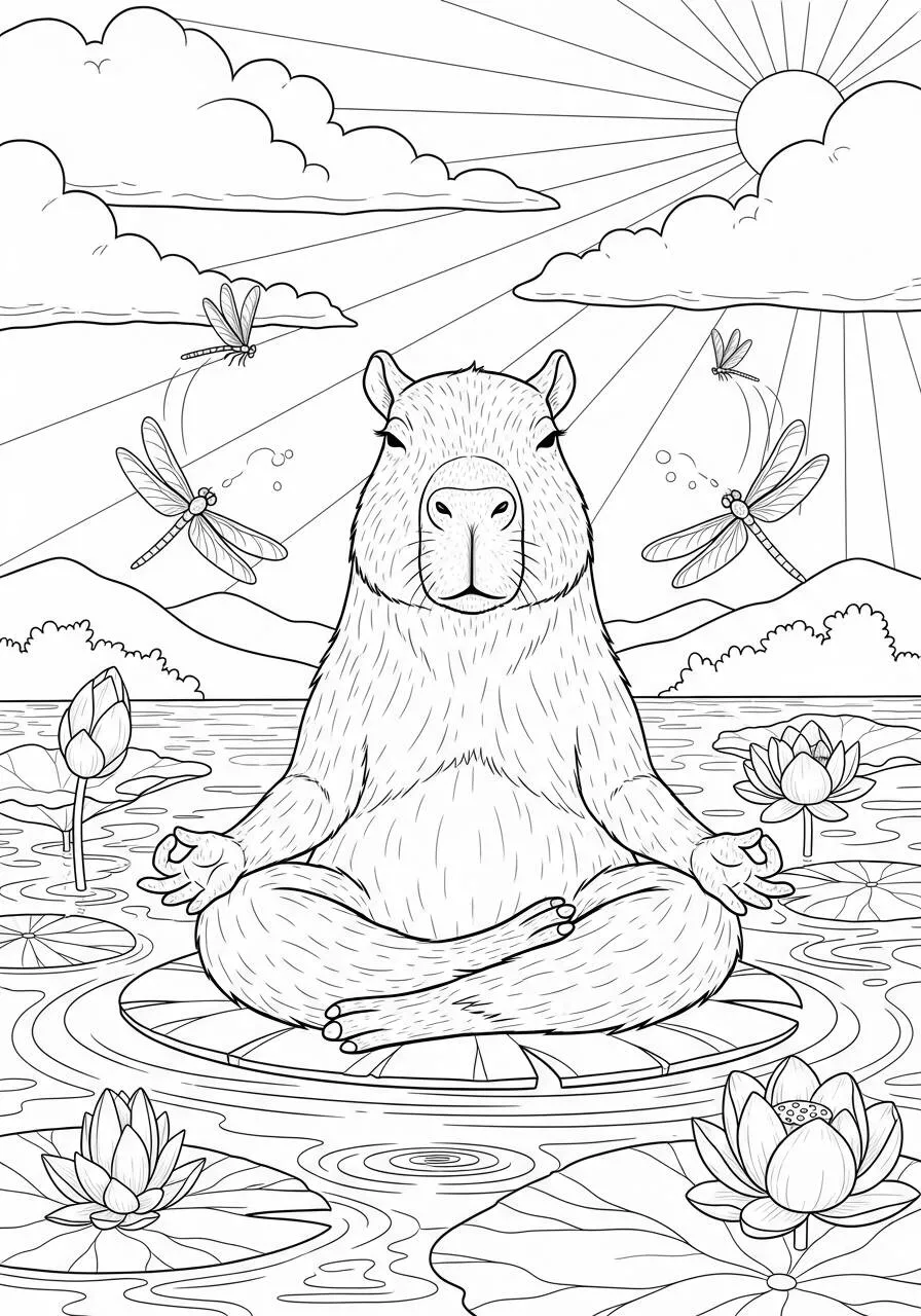 Desenho de Capivara Meditando na Água para Colorir