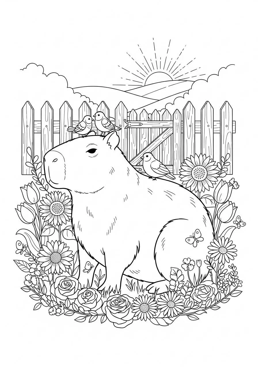 Desenho de Capivara em um Jardim Florido para Colorir